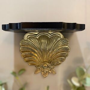 Vintage Brass & Wood Shell Wall Shelf Display with Plate Groove